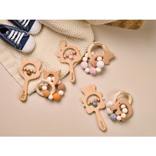 Personalized Wooden Baby Rattle, Custom Engraved Name Rattle, Animal Rattle With Bells, Baby Grasping Toy, Baby Shower Gift, Newborn Gift