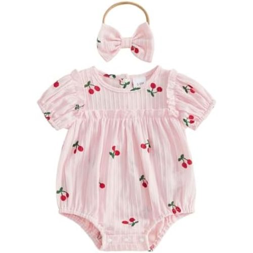 CIYCUIT Baby Girl Cherry Romper Outfit with Headband Newborn Infant Summer Short Sleeve Bubble Bodysuit Clothes