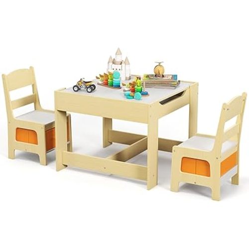 Costzon Kids Table and Chair Set, 3 in 1 Wooden Activity Table with Storage Drawer, Detachable Tabletop for Children Drawing Reading Art Craft, Playroom, Nursery, Toddler Table and Chair Set, Natural