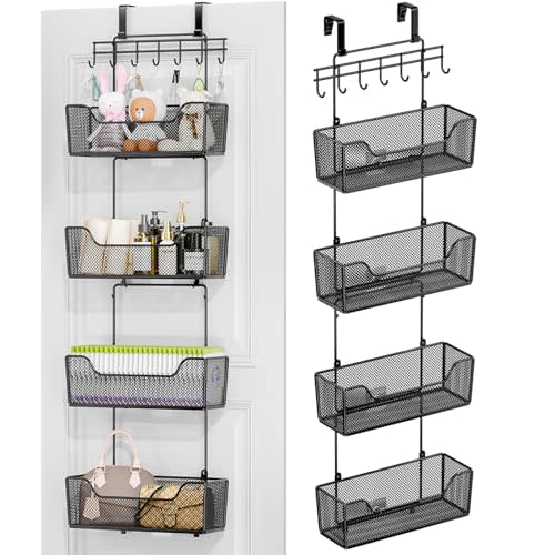 HapiRm Over The Door Organizer - Hanging Door Organizer with 4 Metal Large Capacity Baskets and Adjustable Coat Hook for Bathroom Bedroom Kitchen Pantry Closet Cabinet