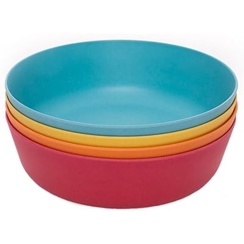 WeeSprout Bamboo Kids Bowls, Set of Four 15 oz Kid-Sized Dinnerware, Cereal, Leftovers & Snack Bowl, Dishwasher Safe (Blue, Yellow, Orange, & Red)