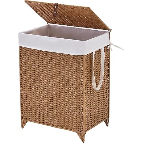 Handwoven Laundry Hamper with Lid, Natural Hyacinth Heightened Feet Laundry Basket, Wicker Clothes Hamper with Removable Liner Bag (Wicker, 90L)
