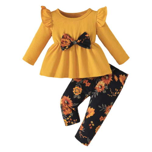 Baby Girl Clothes Toddler Girl Clothes Outfits Bowknot Clothing Floral Print Pants Set Cute Clothes Set for Girls,Yellow,6-9 Months