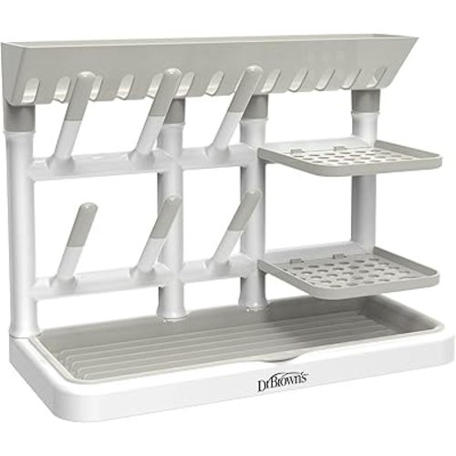 Dr. Brown's Baby Bottle Drying Tower, Stand-Up Countertop Drying Rack with Organized Storage for Baby Essentials, Space Saving Vertical Rack, Gray/White