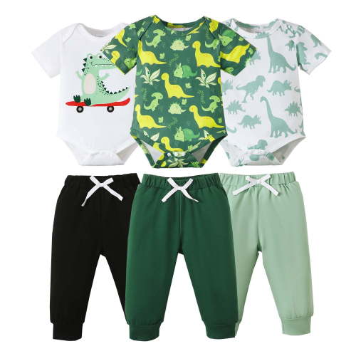 KIMI BEAR Newborn Baby Boys Layetter Set Kids Outfits Sets 3 Packs Gift Set Short Sleeves Dinosaur Print Romper Top Solid Color Pants 6pcs Multicolor NB