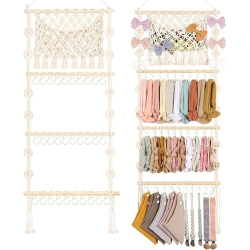 POVETIRE Headband Holder Hair Bow Organizer for Girls,Macrame Bow Holder Hair Accessories Organizer Storage Large Capacity Wall Hanging for Toddler Girl Nursery Room Decor