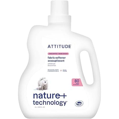 ATTITUDE Liquid Fabric Softener, Plant-Based & Vegan, HE Compatible, Naturally Derived, Unscented, 80 Loads, 67.6 Fl Oz