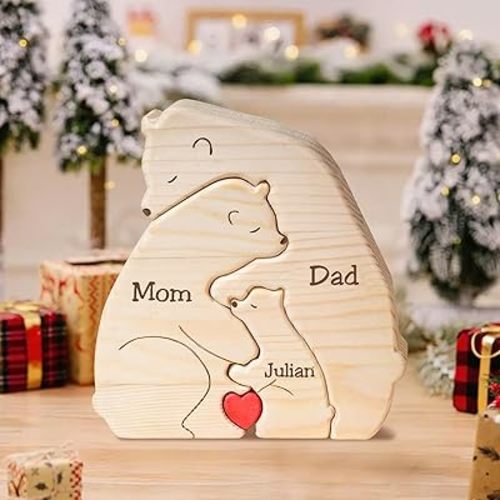Personalized Family Wooden Bear Puzzle, Family Bears Jigsaw Puzzle with 2-9 Names Custom Puzzles, Customized Gifts for Mom Dad Grandparents, Home Decor
