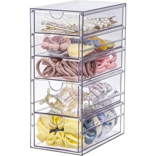 FABROK Clear Hair Accessory Organizer Box with 5 Drawers, Compact Storage Organization Drawers Set for Cosmetics, Glasses, Stationery, Stackable Storage Containers Box for Bathroom, Closet, Office