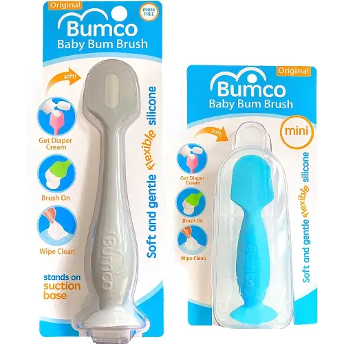 Bumco Baby Bum Brush + Mini Baby Diaper Cream Spatula with Case - BPA-Free Silicone Diaper Spatula with Suction Cup, Wipe-Clean, Mom-Invented Butt Paste Applicator (Gray & Blue)