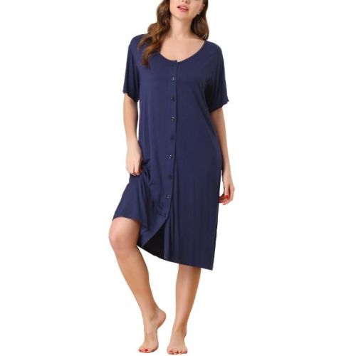 cheibear Women's Idea Gift for Mom Nightgown Button Down Short Sleeve Soft Modal Loose Pajama Sleepshirt Large Navy Blue