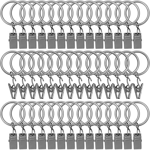 42 Pack Curtain Rings with Clips 1.26" Interior Diameter,Metal Drapery Ring with Clips Compatible with up to 1 inch Drapery Rod,Strong Vintage Decorative Rustproof Drapery Ring with Hooks-Matte Silver
