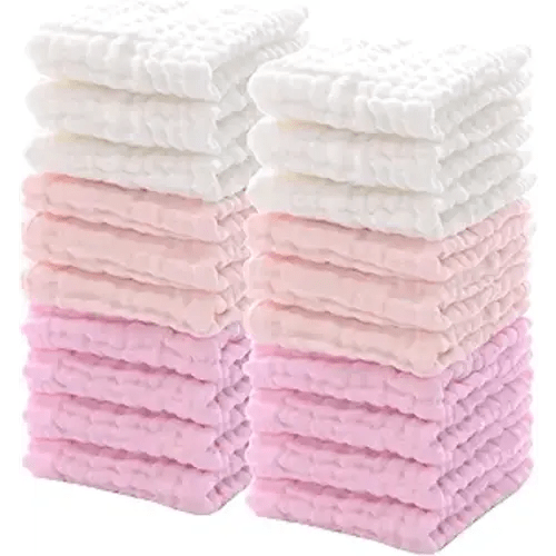 Breling 20 Pcs Baby Muslin Washcloth 12 x 12 Inch 100% Cotton Soft and Absorbent Muslin Washcloth Burp Cloth Wipe Newborn Face Towel for Baby Boy Girl Sensitive Skin(Powder Pink, White, Pink)