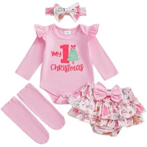My First Baby Girl Christmas Outfit Long Sleeve Romper Plaid Skirt Shorts Headband Sets Newborn Christmas Clothes