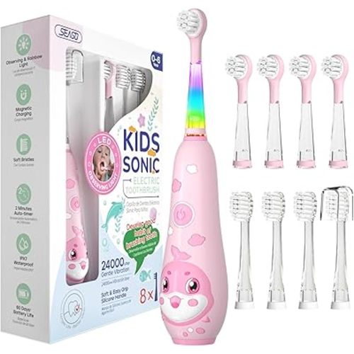 SEAGO Kids Electric Toothbrushes Rechargeable, Toddler Electric Toothbrush with Magnetic Charging, LED Observing Light, 8 Toothbrush Heads for Ages 2-4-6 Boys Girls (Pink)