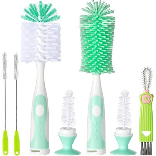 Baby Bottle Brush, 5 in 1 Bottle Cleaner Brush Set with Nylon and Silicone Bottle Brush, Straw Brush, Bottle Brush with Nipple Cleaner and Suction Cup, Cup Lid Cleaner Brushes Kit, BPA-Free (Green)