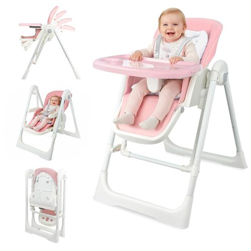 High Chairs for Babies and Toddlers Foldable High Chair Adjustable with Reclining Seat & Leg Rest, 3-in-1 Convertible Baby Rocker with Tool-Free Assembly (Pink)
