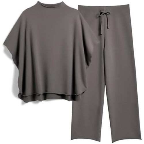 Women's Two Piece Outfits 3/4 Batwing Sleeve Capelet Crew Neck Pullover Top Wide Leg Pants Lounge Set