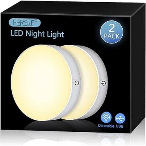 Ferswe Dimmable Touch Lights, 3000K Rechargeable Tap Light with 1000mAh Large Battery, Stick on Lights for Closet, Cabinet, Shelf, Wall and Desk(2 Pack)
