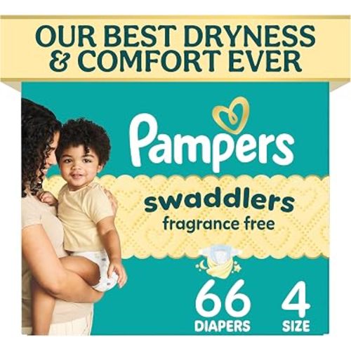 Pampers Swaddlers Diapers, Size 4 (15-34 lbs), 66 Count, Fragrance Free, Hypoallergenic, Absorbent, Pediatrician Recommended, Skin Safe