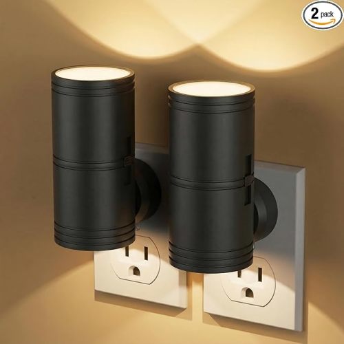 Night Light Plug into Wall, 2 Pack Dimmable LED Nightlight with Dusk to Dawn Sensor, Soft White Glow, for Hallway, Bathroom, Bedroom, Black