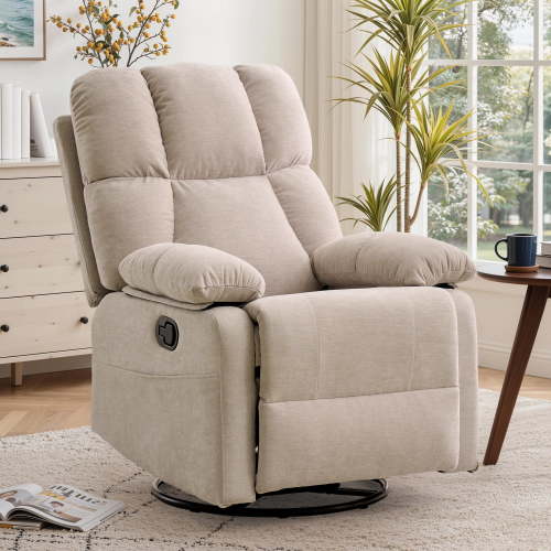 GEEYOO Swivel Rocker Recliner Chair for Adults,360°Swivel Nursery Recliner with Side Pockets,Small Recliner Chair for Small Spaces for Living Room,Linen,Khaki