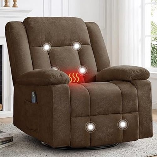 Rocker Recliner Chair for Adults, 360° Swivel Rocker Recliner with Massage and Heating, Nursery Rocking Chairs with Side Pockets, Manual Reclining Chair for Living Room