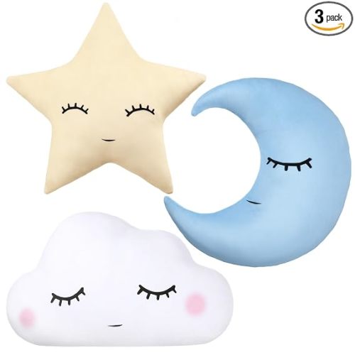 Chunful 3 Pcs Moon Star Cloud Plush Pillows Soft Stuffed Nursery Decor Cushions for Bedroom Home Decor(Blue Yellow White)