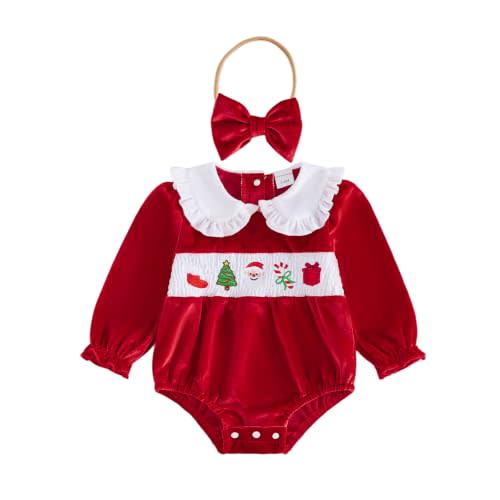 Kavousa Baby Girl Christmas Outfit Smocked Doll Collar Velvet Romper Winter Clothes
