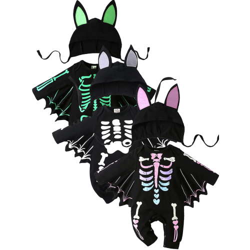 ATAIKU My First Halloween Bat Bodysuit Baby Girls Boys Skeleton Jumpsuit Infant Onesies Hat Set