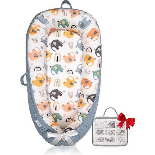 Organic Cotton Baby Lounger – Reversible, Portable, Soft & Breathable with Washable Cover | Perfect for Awake-Time Use Only - Big Elephant