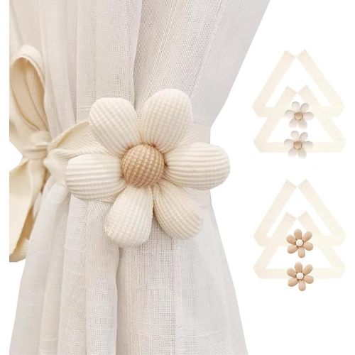 SRG 4PCS Curtain Tiebacks | Boho Flower Curtain Holdbacks | Simple Elegant Sunflower Curtain Holders | Boho Bedroom Decor（2Pcs Cream&2Pcs Khaki）