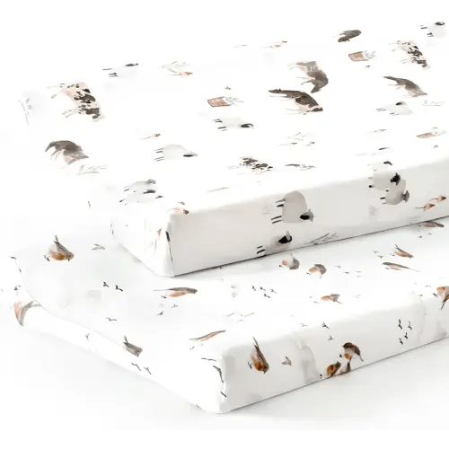 GRSSDER Stretch Ultra Soft Jersey Knit Changing Pad Cover Set 2 Pack, Change Table Pad Covers Fit 32"/34" x 16" Pads Safe and Snug, Cute Watercolor Cows and Birds Print for Boys and Girls