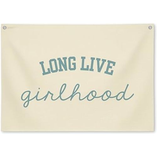 Blue Long Live Girlhood Banner For Coquette Girls Room Decor Vintage Linen Cute Aesthetic Room Decor For Toddler Bedroom Playroom Baby Girl Nursery Wall Art Gift For Tween Teen Girls-b03