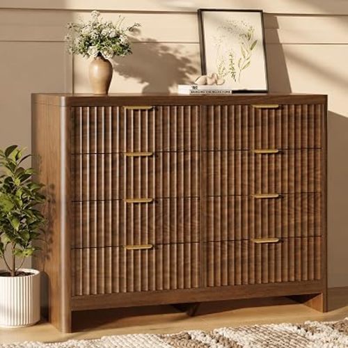 Fluted 8 Drawer Dresser for Bedroom, 47" Wide Modern Chest of Drawers with Metal Handle & Storage, Wooden Dresser TV Stand, Closet Clothes Storage Organizer for Living Room, Walnut Brown Dresser