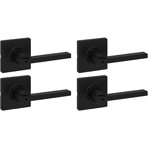 Kwikset Casey Interior Privacy Door Handle with Lock 4 Pack, Door Lever for Bathroom and Bedroom, Matte Black Reversible Keyless Turn Lock, with Microban Protection