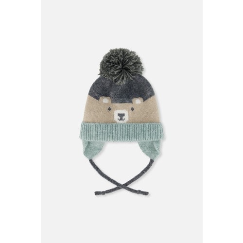 Teddy Bear Face Earflap Winter Knit Hat with Chin Ties