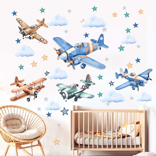 Airplane Wall Stickers for Boys Kids: Peel and Stick Cloud Star Aircrafts Wall Decals for Baby Nursery Kid Bedroom Toddler Room - Children Supplies Ages 1-12 Year Wall Decor