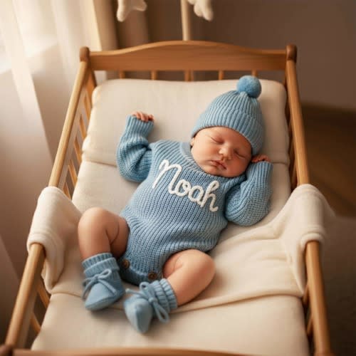 Embroidered Name Baby Romper Set: Knit Coming Home Outfit