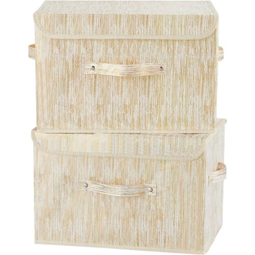 2PCS Decorative Storage Boxes with Lid Luxury Metallic Fabric Storage Bins Organizer Container Collapsible Shelf Basket with Handles for Home Bedroom Closet Office (Gold, Large Size)