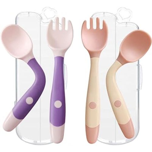 Toddler Utensils with Travel Case, Baby Spoon and Fork Set for Self-Feeding Learning Bendable Handle Silverware for Kid Children (2 Set, Purple&Pink)