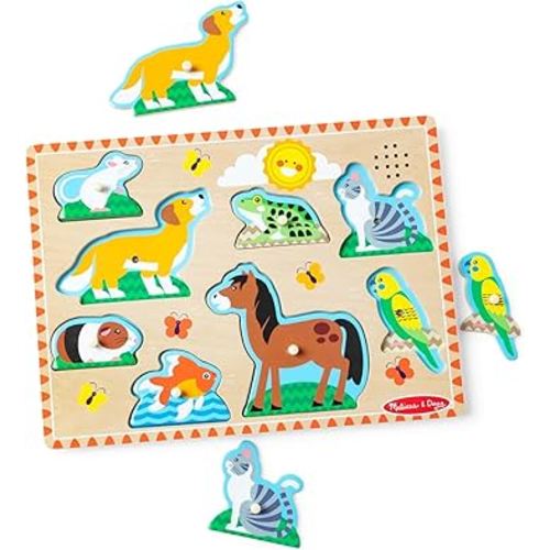 Melissa & Doug Zoo Pet Animals Sound Puzzle – 8-Piece Wooden Peg Puzzle with Light-Activated Sounds, Music Learning Toy for Toddlers and Preschoolers Ages 2+