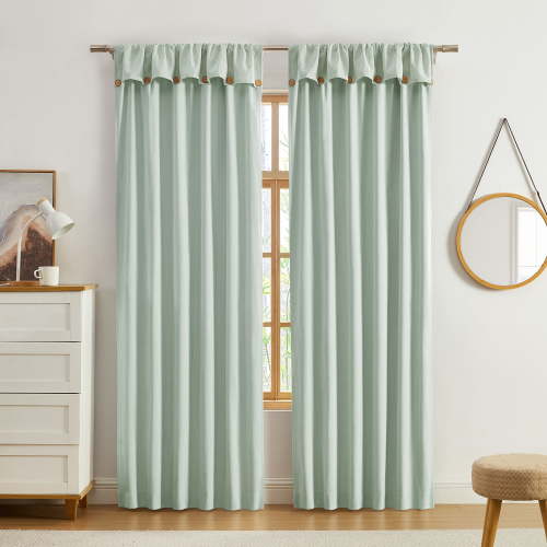 Ecologee Jack 100% Blackout Rod Pocket Back Tab Single Curtain Panel with attached Valance with Buttons, Sage, 38" W x 95" L