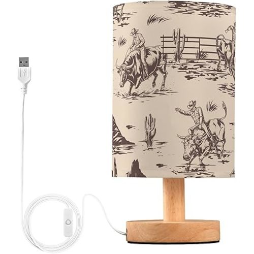 Bedside Lamp West Cactus Cowboy Table Lamp for Bedroom LED Nightstand Lamp Shade USB Ports Wood Base for Living Room Dorm Office