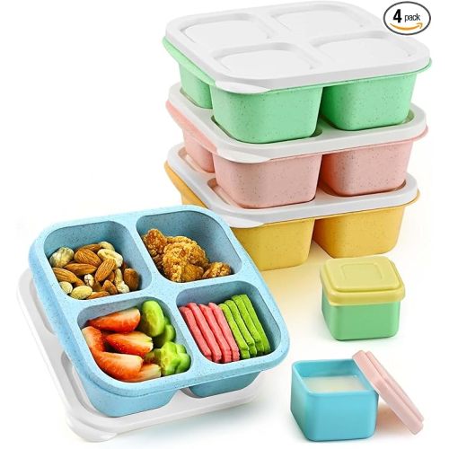 Caperci Lunchable Snack Containers - 4 Compartments Bento Snack Boxes (4 Pack) with 2 Leakproof Sauce Cups, Reusable Divided Food Containers for School, Work, Travel (Vintage Colors)