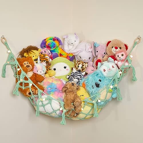 Stuffed Animal Storage Macrame Hammock w/String Lights, Large - Boho Room Decor Toy Storage - Corner Hanging Plushie Stuffed Animal Net Organizer (Mint)