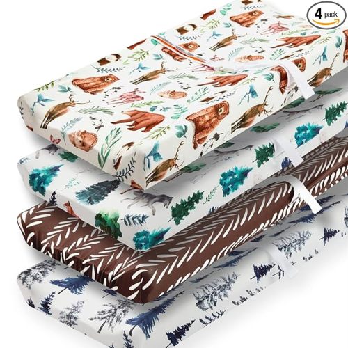4 Pack Changing Pad Covers Woodland Forest Animals Wood Neutral Unisex Fitted Baby Changing Pad Cover Set for Baby Boys or Girls