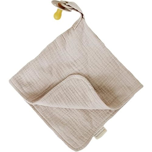 Marlowe & Co Organic Cotton Muslin Baby Blanket with Snap Closure, 15 in x 15 in Lovey with Holder (Natural Sand)