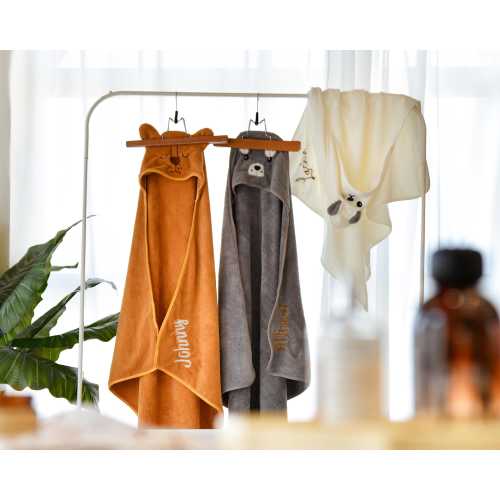 Personalised baby bath towel with adorable hooded animal design and custom embroidered name, ideal gift for new parents and baby showers