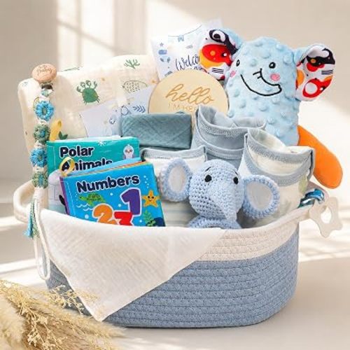 Baby Boy Gifts Basket,Newborn Baby Gifts for Boys,Baby Shower Gift for Baby Boy with Blanket Onesies Toys,Gender Reveal Gift